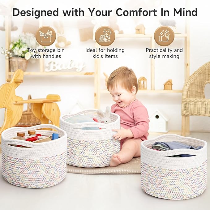 Small Rope Baskets for Storage, Baskets for Gifts Empty, Cute Round Woven Basket, Decorative Shelf Baskets 9.82×9.82×7.1", Cotton Toy Basket Storage Bins for Organizer 3 Packs-Rainbow