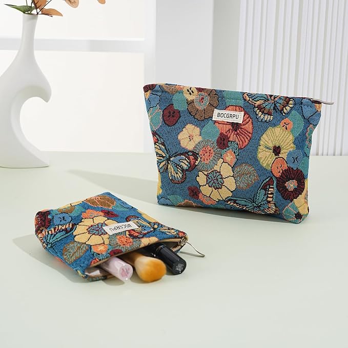 2 PCS Makeup Bag Set，Portable Small Cosmetic Bag for Purse ，Large Storage Capacity Toiletry Bag Organizer，Travel Pouch with Zipper for Women, (Flower Garden Blue)