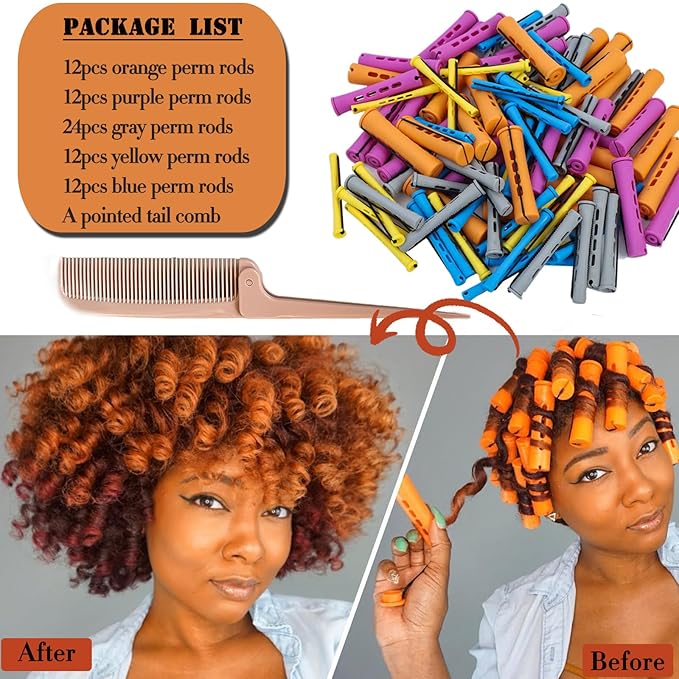 72pcs Perm Rods Set for Natural Hair - Plastic Cold Wave Rods Hair Rollers Curling Rod for Women DIY Hairdressing Tools（Orange+Purple+Gray+Blue+Yellow）