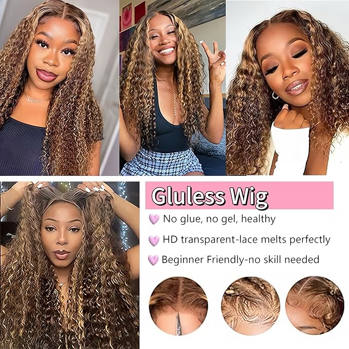 4/27 Human Hair Wigs Wear and Go Glueless Highlight Ombre Deep Wave Curly Wet and Wavy Lace Front Pre Plucked Pre Cut 5x5 HD Lace Closure Wigs for Black Women 14 Inch