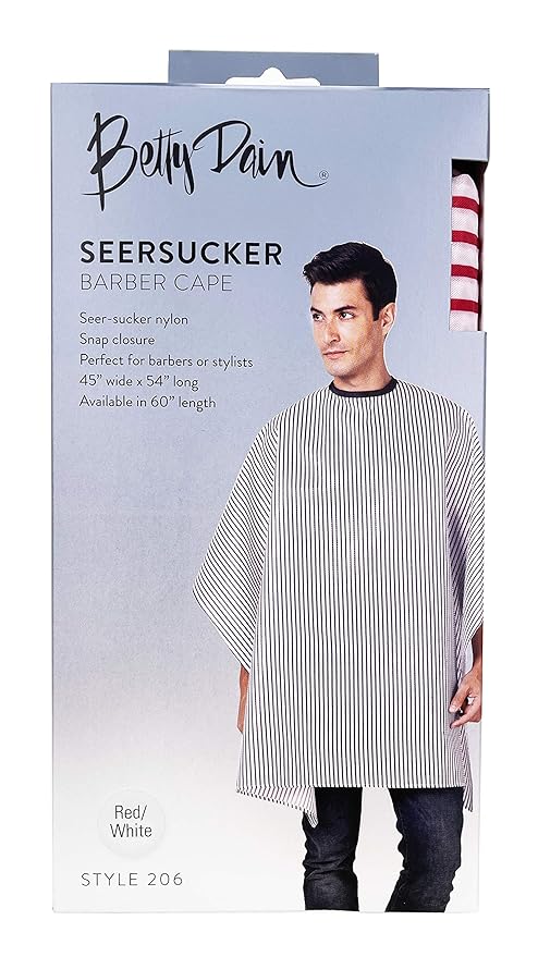 Betty Dain Seersucker Classic Barber Cutting/Styling Cape, Classic Seersucker Stripe, Soft, Machine Washable Nylon Fabric, Repels Hair, Snap Closure at Neck, Red/White Stripe, 45 x 54 inches