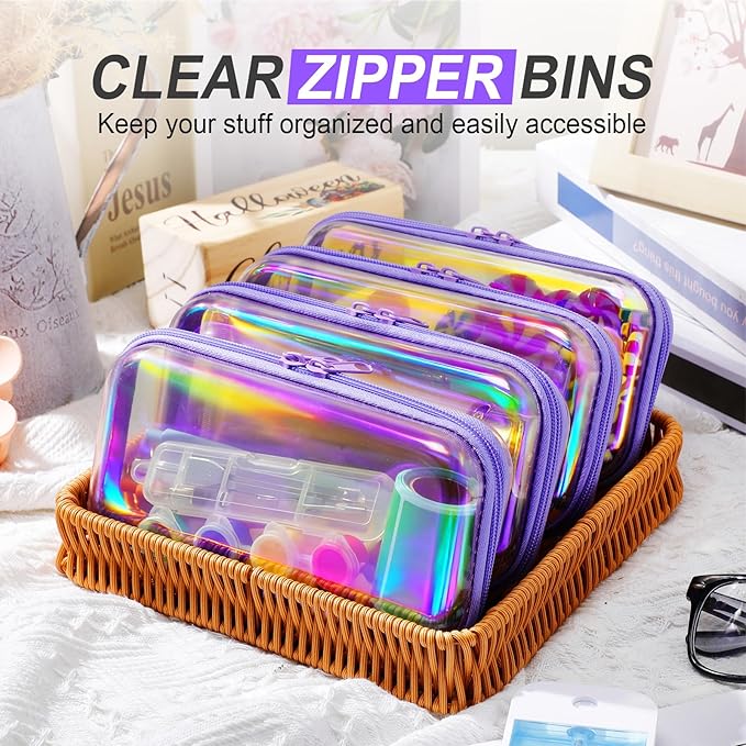 Hoolerry 4 Pcs Hard Clear Zipper Case Makeup Bags Plastic Zipper Pouch Transparent Storage Box Containers for Cosmetics, Snacks, Building Blocks, Puzzles(Clear,7.5 x 3.9 x 2 in,Purple Laser)
