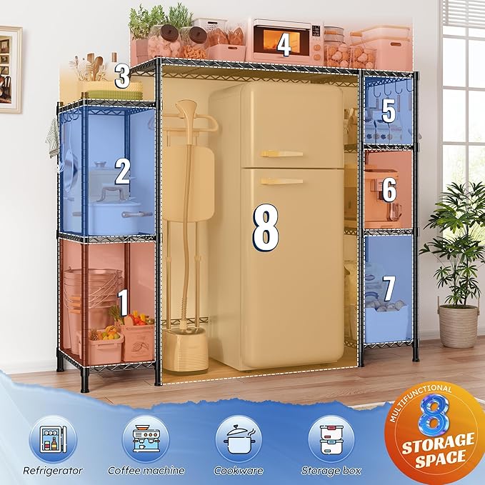 REIBII Mini Fridge Stand,Small Refrigerator Storage Shelves,4 Tier Space-Saving Coffee Bar Cabinet, Adjustable Utility Microwave Stand Storage,Shelf for Dorm Kitchen Living Room,50.2Wx18.11Dx52.36H