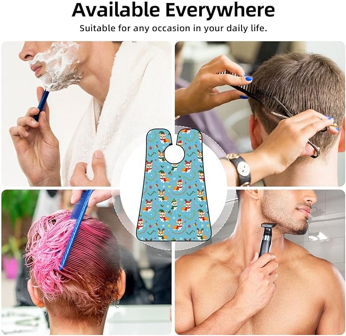 Beard Bib with 3 Suction Cups, Non-Stick Waterproof Hair Catcher Apron, Men's Shaving Essential for Grooming, Christmas Corgi Dog Blue Shave Bib