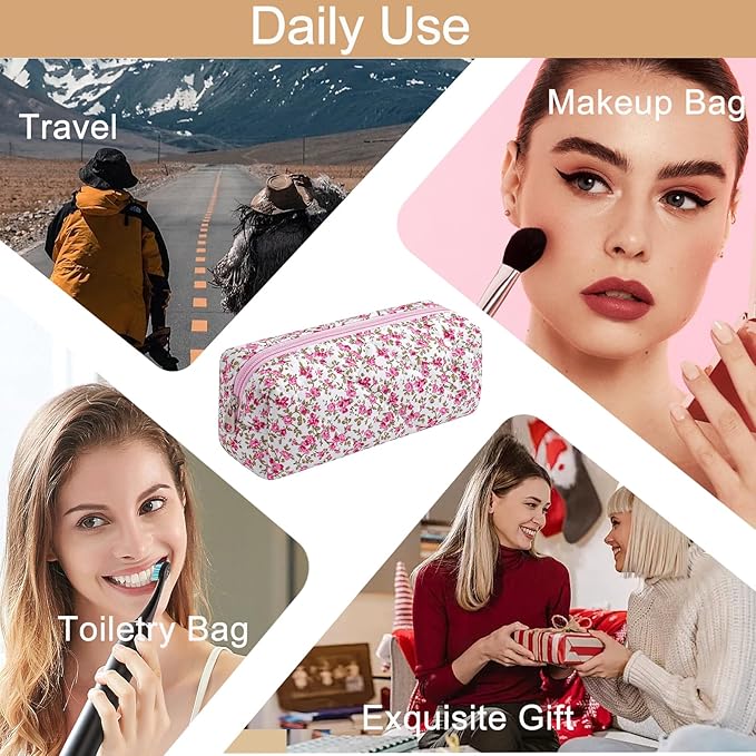 Cute Floral Cotton Makeup Brush Cosmetic Bag for Women, Travel Quilted Zipper Make Up Bag, Flowers Toiletry Organizer Case Kawaii Makeup Cosmetic Travel Cloth Pouch (Red Floral)