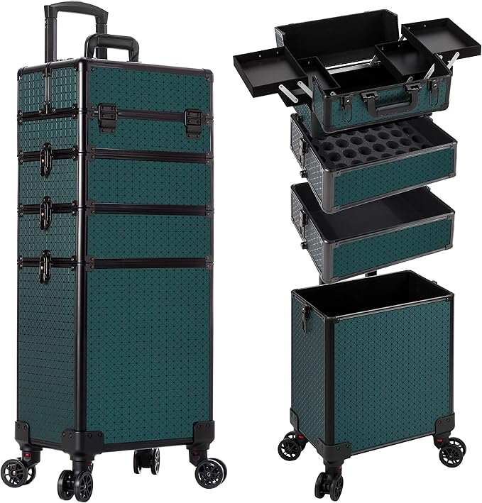AROUS Rolling Makeup Train Case 4 in 1 Cosmetology Case on Wheels Large Storage Cosmetic Trolley with Key Salon Barber Traveling Cart Trunk, Green