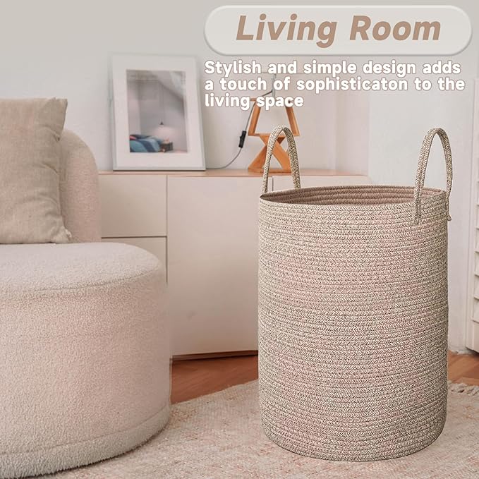 Large Woven Laundry Basket Hamper,80L Cotton Rope Storage Bin for Blankets,Toys and Clothes,Decorative Tall Nursery Hamper for Living Room,Baby Nursery,Bathroom and Bedroom,Oatmeal