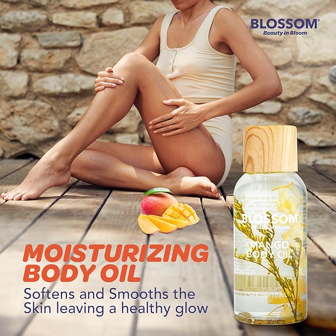 Blossom Dry Body Oil, Scented Body Oils for Women Moisturizing and Hydrating Skincare, Dry Oil for Body Infused with Real Flowers, 2 fl. oz/60ml, Yellow, Mango