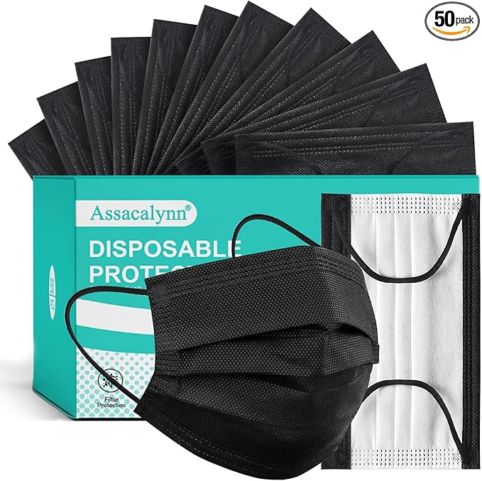 Disposable Mask 4 Layer 2023 Black Mask with White Inside, Breathable Single Use Dust Mask with Wider Soft Earloops for Adult Men Women Box 50 Pack