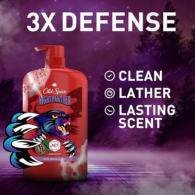 Old Spice Cleansing Body Wash for Men,3X Defense,24/7 Shower Fresh with Lasting Scent,2-in-1 Body & Face Wash,NightPanther with Rich Warm Scent,33.4 oz,(Pack of 4)