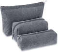 3 Pcs Makeup Bag Set for Women Corduroy Cosmetic Pouch Aesthetic Smile Travel Toiletry Bag Cute Purse Pouch Pencil Case Makeup Brushes Storage Organizer with Zipper(Gray,Solid Style)