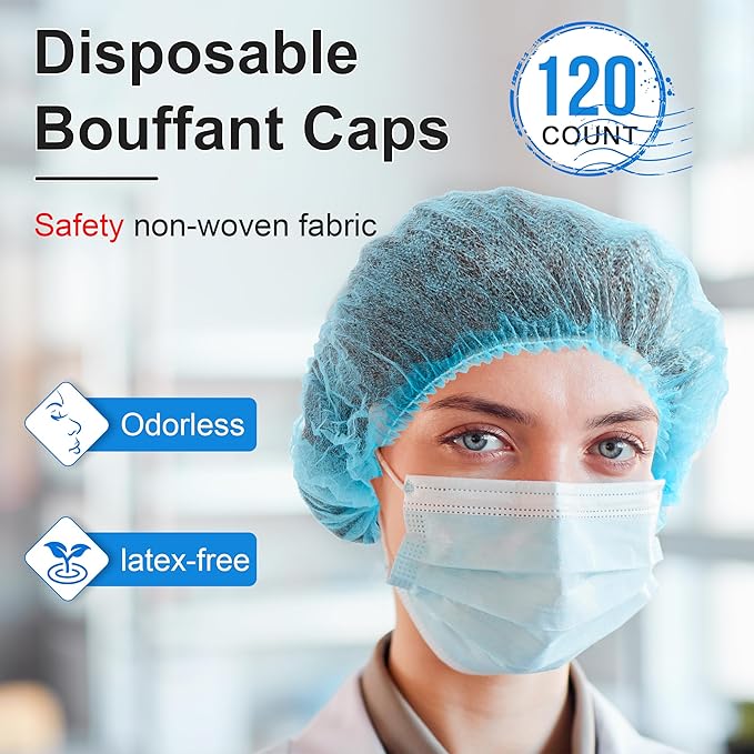 TaShow 120 Pcs Disposable Bouffant Caps, 21 Inches Hair Nets for Women and Men, Polypropylene Non-Woven Hair Nets