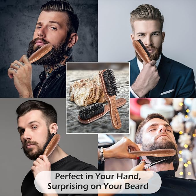 Beard Brush, 100% Real Wild Boar Bristle Walnut Wood Beard & Mustache Comb Brush for Men’s Beard Grooming and Care, Gift for Men to Straighten and Promote Beard Growth