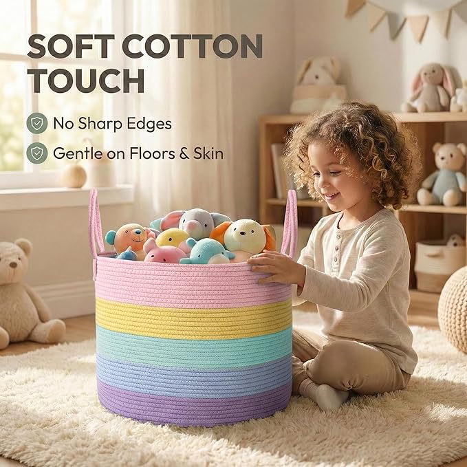 115L Extra Large Blanket Basket for Living Room - Woven Cotton Rope Laundry Hamper with Reinforced Handles - Storage Bin for Pillows, Comforters & Toys - Machine Washable,Rainbow