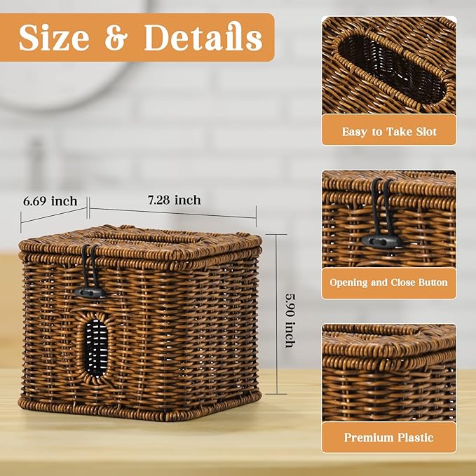 Facial Clean Skin Club Face Towels Holder for Bathroom, Plastic Rattan Disposable Face Towel Holder, Farmhouse Style for XL Face Towels Box Basket with Lid, Vintage Brown