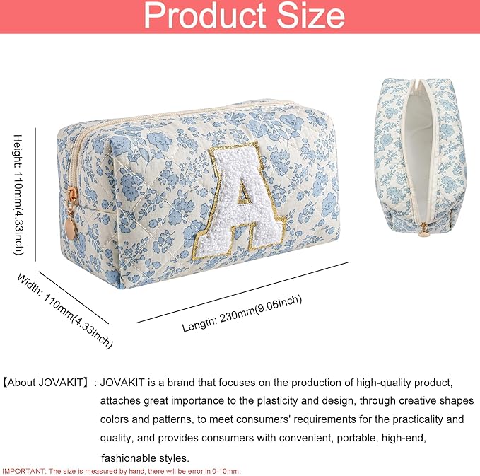 JOVAKIT Alphabet Makeup Bag Cosmetic Bag for Women, Christmas Gifts for Girls Age 6-18, Floral Flowers Coquette Travel Toiletry Zipper Make Up Pouch Organizer Trendy Stuff (Blue Floral A)