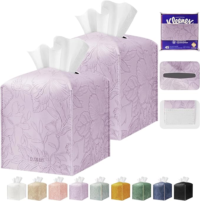 Tissue Box Holder Cover Square Tissue Cube Cover PU Leather Tissue Organizer with Bottom Belt for Bathroom, Tabletop, Kitchen, Night Stands, Office, Home, Car (2, Lightpurple)