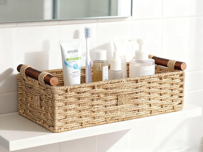 Back of Toilet Basket, Khaki Wicker Toilet Tank Basket for Toilet Paper Storage, Basket for Toilet Tank Top, Neutral Bathroom Organizer for Wipes & Essentials