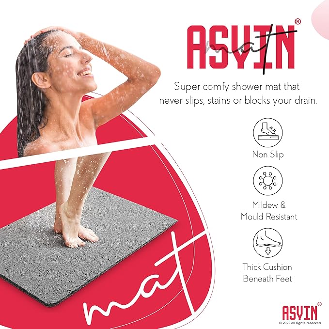 Asvin Soft Textured Bath, Shower, Tub Mat, 24x16 Inch Rectangular, Phthalate Free, Non Slip Comfort Bathtub Mats with Drain, PVC Loofah Bathroom Mat for Wet Areas, Quick Drying, Grey
