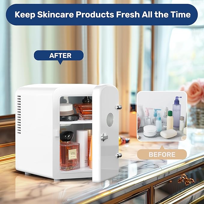 Simple Deluxe 6 Liter/9 Can Mini Fridge with Observation Window, Portable Freon-Free Small Refrigerator, Compact Cooler & Warmer for Skincare, Beverage, White