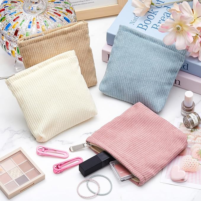 Abbylike 4 Pcs Small Makeup Bag Corduroy Cosmetic Pouch with Zipper Portable Little Bags for Purse Mini Pouch Cute Makeup Purse for Coin Essentials Items Women(Plain)