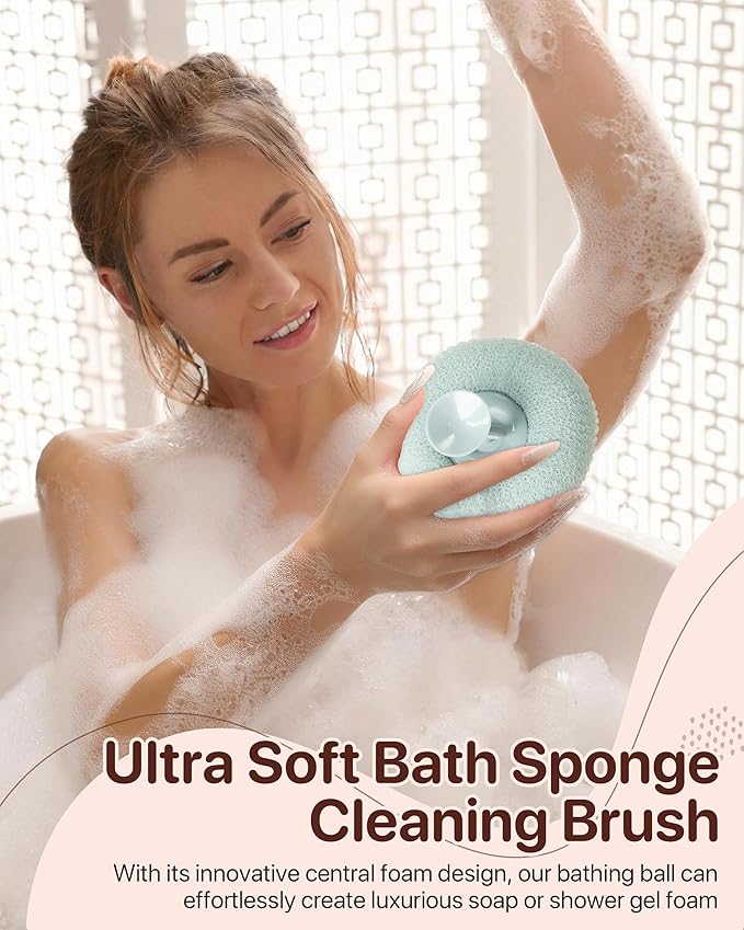 Super Soft Sunflower Suction Cup Bath Ball, 2025 Upgraded 2-in-1 Sunflower Ball Exfoliating Bath Sponge Cleaning Brush, Mesh Shower Body Sponge Accessories for Women, Men Shower (Cyan+Pink)