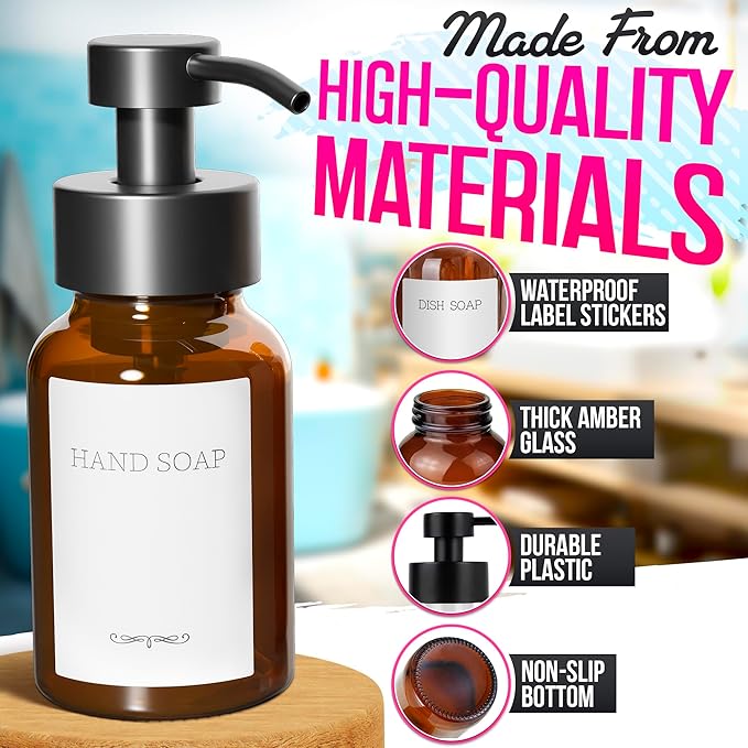 2 Pcs Amber Foaming Soap Dispenser Glass - 8.5 Oz Stylish Foam Pump Bottle for Bathroom or Kitchen Use - Compatible with Hand Wash, Dish Liquid, Shampoo and Gel | Non-Slip Bottom, 6 Label Stickers