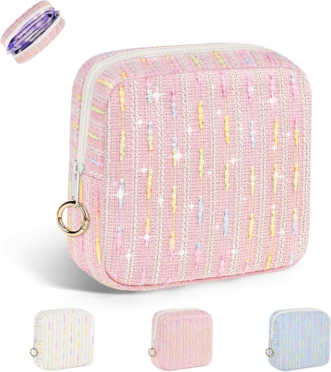 Period Bag for Teen Girls, Colorful Lines Sanitary Napkin Storage Bag, Menstrual Pad Pouches Tampon Holder for Purse (Pink)