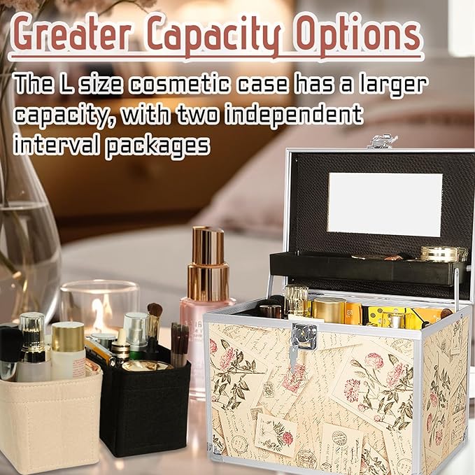 VNIMTI Makeup Train Case, Portable Makeup Box with Mirror, Cosmetic Storage Box for Women with Trays, Makeup Box Organizer (Vintage Stamp - Box -Size L)