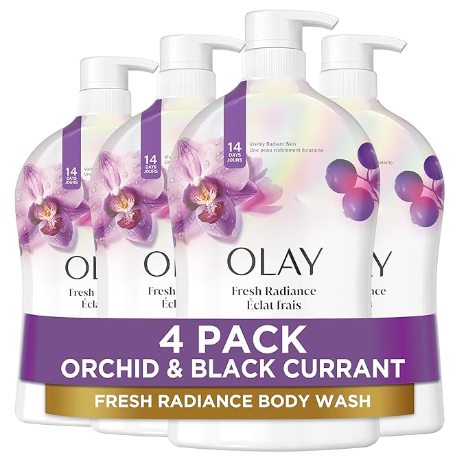 Olay Body Wash for Women, Fresh Radiance, Refreshing & Renewing, Made with Plant Based Cleansers, B3 Botanical Complex, For All Skin Types, Orchid & Black Currant Scent, 33 fl oz (Pack of 4)