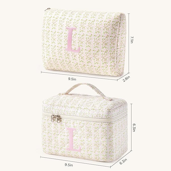 HBselect 2Pcs Initial Quilted Makeup Bag, Pink Cosmetic Travel Toiletry Bag, Flowers Coquette Zipper Make Up Pouch Organizer Teen Girl Gift Trendy Stuff L