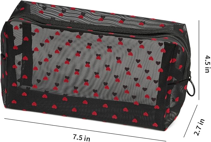 Portable Mesh Makeup Bag with Zipper Small Travel Toiletry Bag Lightweight Cosmetic Pouch (Black Square Red Heart)