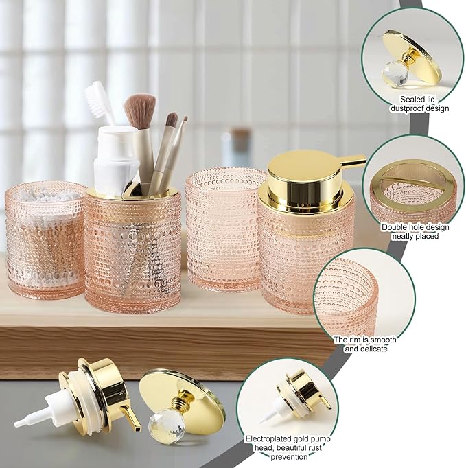 DASITON Bathroom Accessories Set,4Pcs Glass Bathroom Counter Set with Foaming Soap Dispenser,Toothbrush Holder,Bathroom Tumbler,Cotton Swab Jars, for Vanity Bathroom Decor(Pink A)