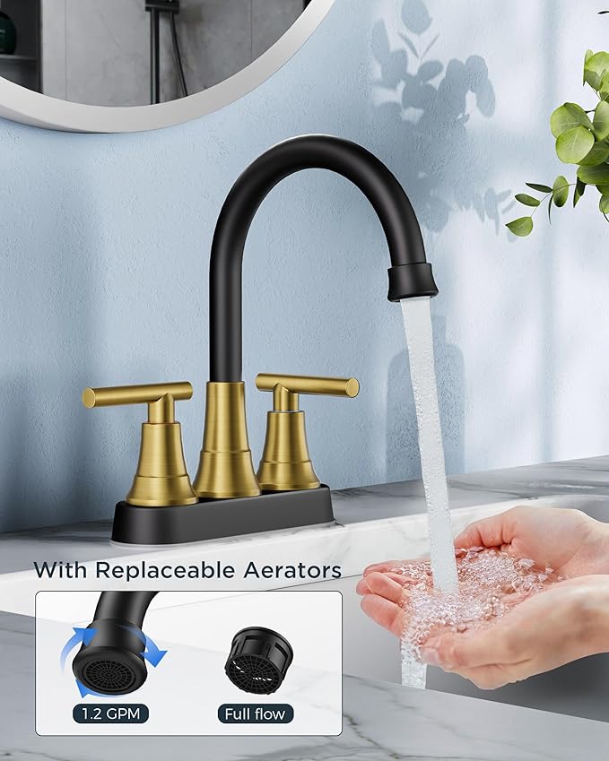 FORIOUS Black and Gold Bathroom Faucets, 4 Inch Centerset Bathroom Sink Faucet 2 or 3 Hole with Pop up Drain and cUPC Hose, Two Handles Control, 360° spout for Restroom,Vanity, RV