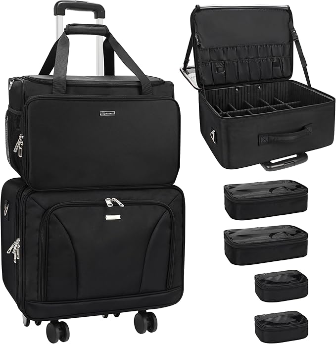 MONSTINA Rolling Makeup Train Case, Beauty Hairdresser Bag and Cosmetology Case on Wheels Makeup Artist Bag Hairstylist Cosmetic Organizer Storage Bag with 4 Bag (Black+Hairdressing Bag)