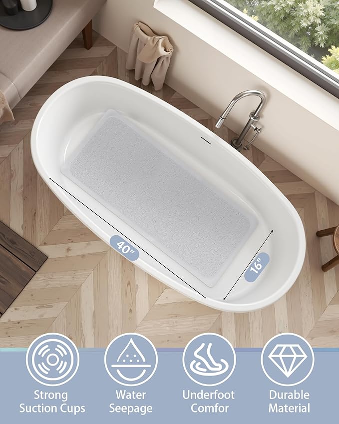 Mecko Non Slip Shower Mats, 16x40 Inch, Anti-Slip Bathtub Mats with Suction Cups for Bathroom, Foot Scrubber Loofah Bath Mats for Shower, Quick Drying Shower Stall Mats for Wet Areas (White)