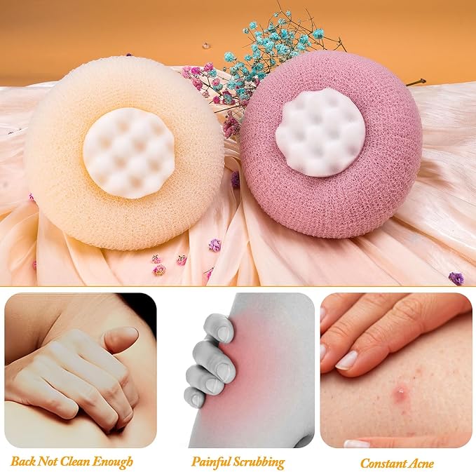 2Pcs Upgrade 2-in-1 Sunflower Bath Ball,Super Soft Sunflower Suction Cup Bath Ball，Bath Loofah with Suction Cup, Exfoliating Bath Sponges for Shower Women Men(Beige+Purple)