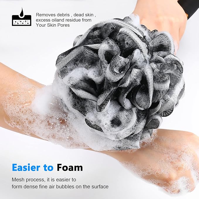 Long Loofah with Handle, Back Scrubber for Shower, Loofah on a Stick (19.09"), Black & White 4.72" Jumbo Mesh PE Pouf, Waterproof Coated Wooden Handle, Non-Slip Grip, Hanging Loop, Men & Women