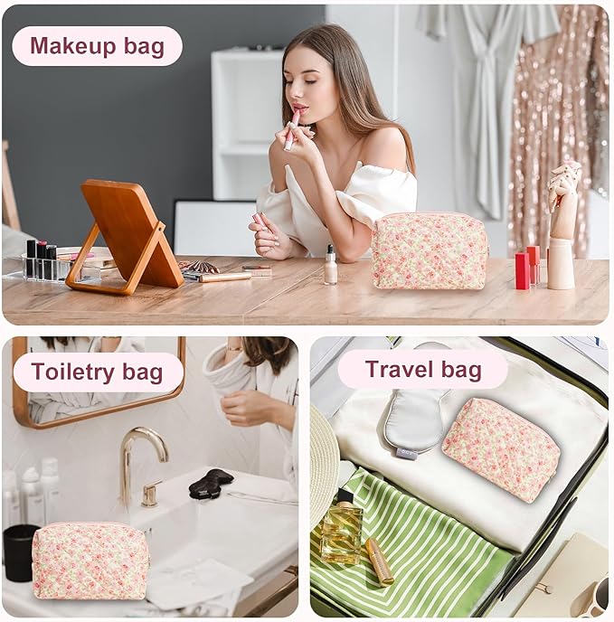 Quilted Makeup Bag Floral Cotton Make up Bag Puffy Coquette Makeup pouch Aesthetic Cute Travel Toiletry Bag for Women Girls