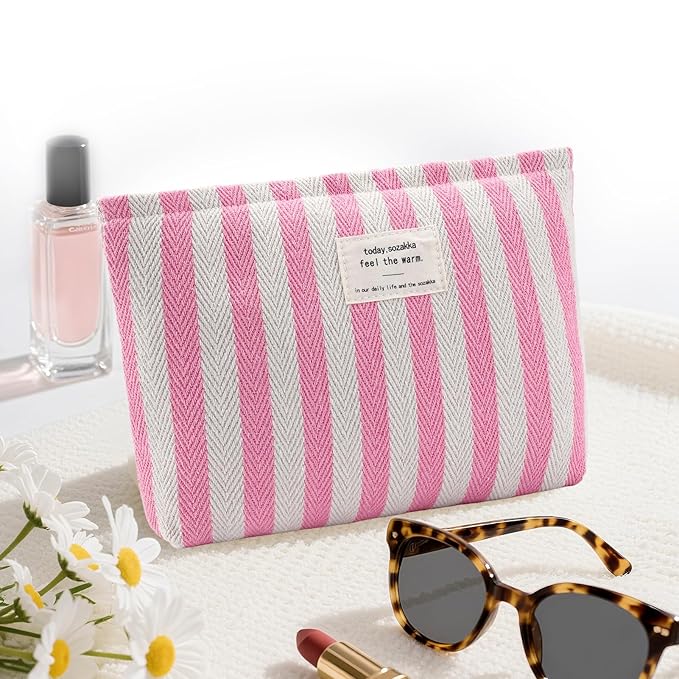 ZLFSRQ Striped Makeup Bag Large Canvas Travel Makeup Bag for Women Cosmetic Pouch Cute Pink Striped Make Up Pouch for Purse Y2k Aesthetic Trendy Zippered Toiletry Bags Gift Skincare Storage Organizer