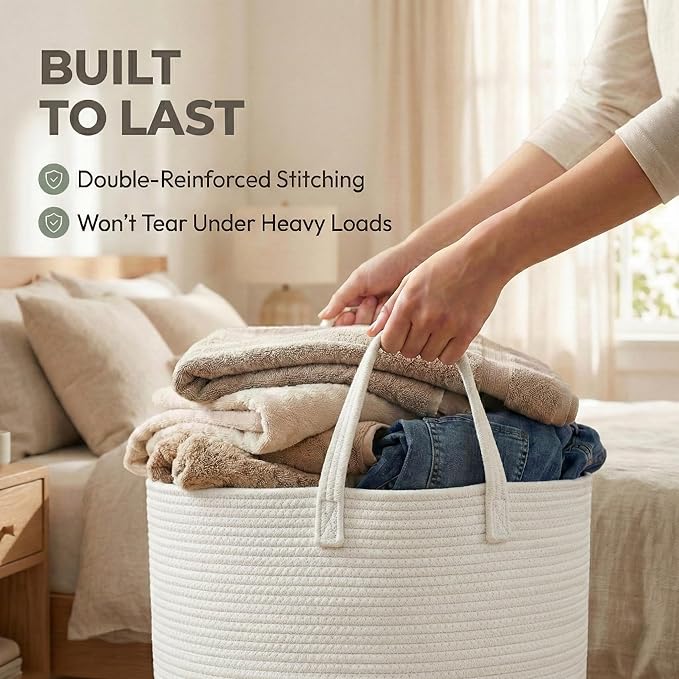 115L Extra Large Blanket Basket for Living Room - Woven Cotton Rope Laundry Hamper with Reinforced Handles - Storage Bin for Pillows, Comforters & Toys - Machine Washable,White