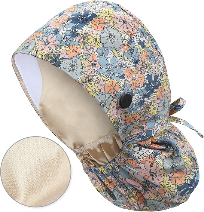 QBA Adjustable Working Cap with Button, Satin-Lined Hat, Cotton Working Hat Sweatband, Elastic Tie Back Hats Unisex