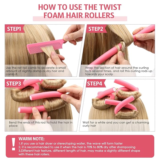 Tigeen 96 Pieces Flexible Curling Rods 9.45 Inch Soft Twist Foam Hair Curling Rollers No Heat Hair Rods Rollers with 2 Pieces Rat Tail Comb Steel Pintail Comb for Women (Multi Size,Multi Color)