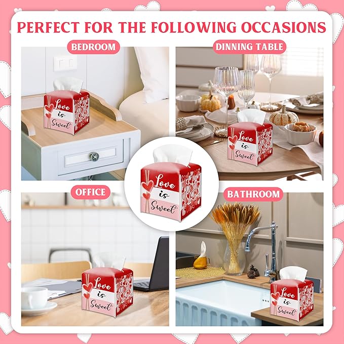 Happy Valentine's Day Red Heart Design Tissue Box Cover - Love Is Sweet PU Leather Waterproof Tissue Holder - Festival Facial Paper Organizer for Home Bathroom Office-Desk Decorative Dispenser Box-B09