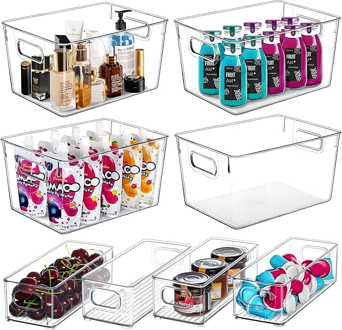 Clear Storage Bins 8 Pack for Pantry Organizers, 4 Large Plastic Pantry Organizer Bins and 4 Small Stackable Storage Containers for Kitchen Cabinet, Home Edit, Freezer Fridge Organizer