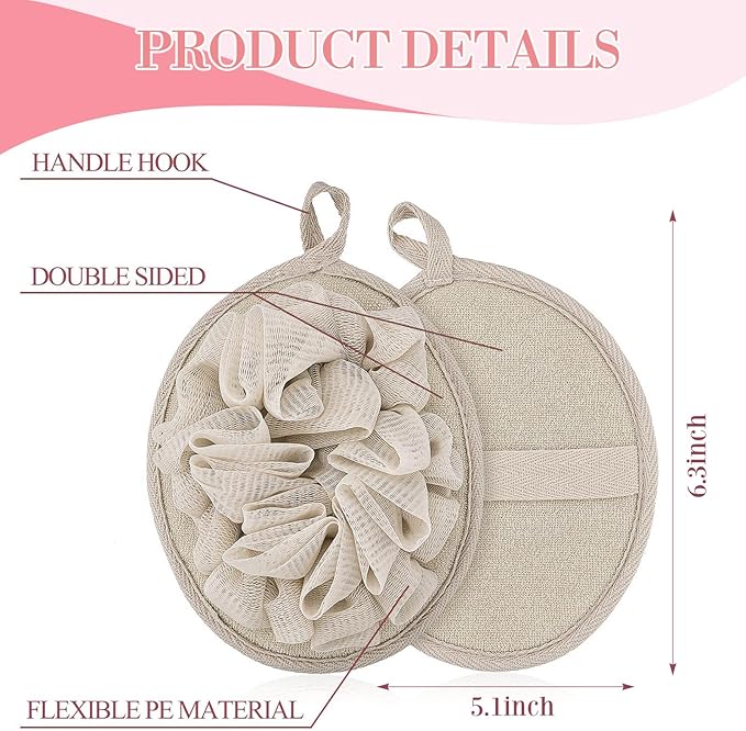 Boao 3 Pcs Bath Shower Pouf Sponge Mesh Pouf Shower Ball Exfoliating Body Sponge Pad Scrubber Glove with Flower Bath Ball (Green,Khaki,Dark Brown)