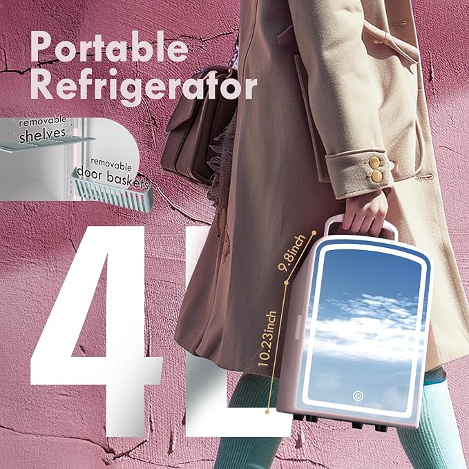 4L Mini Skincare Fridge with Dimmable LED Mirror, Portable Beauty Refrigerator for Makeup, Cosmetic, Personal Small Refrigerator with Cooler and Warmer for Bedroom, Office and Car(Pink)
