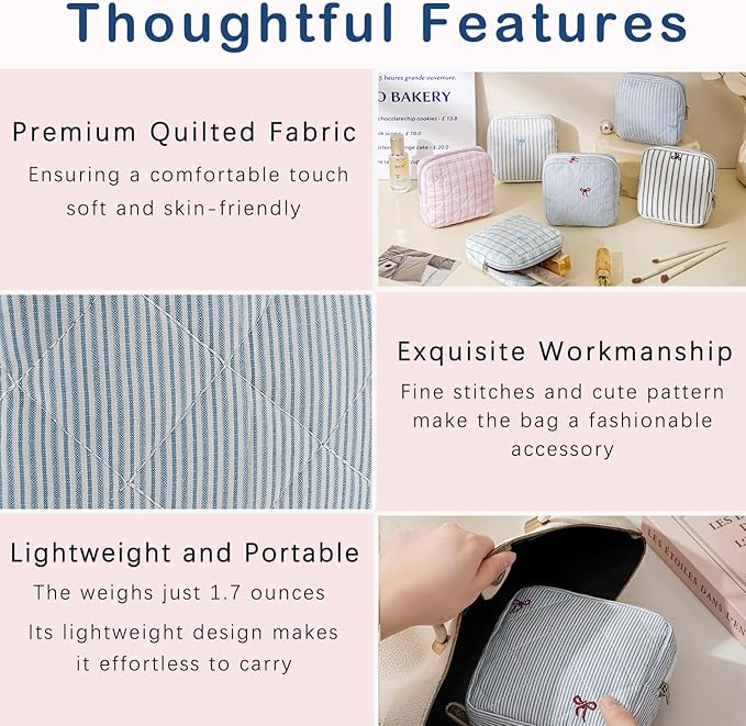 Small Quilted Striped Cosmetic Pouch for Purse, Mini Cotton Makeup Bag with Compartments, Cute Zipper Lipstick Holder for Women (27 Thin Stripes)