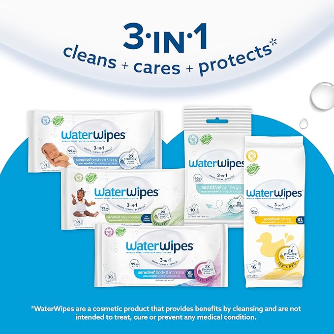 WaterWipes Sensitive+ Bathing Wipes, 3-In-1 Cleans, Cares, Protects, 99.9% Water, Unscented & Hypoallergenic, 16 Count (Pack of 4)