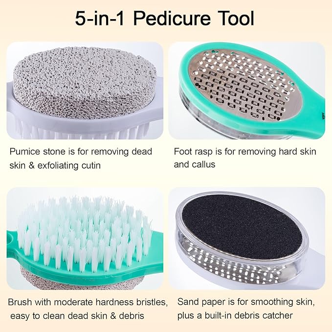 Foot Scrubber Brush with Pumice Stone for Feet 5-in-1, 2Pcs Foot File Callus Remover, Stainless Steel Feet Scraper, Cleaning Brush & Sand Paper Debris Catcher, Multi Purpose Home Foot Care, Cyan White